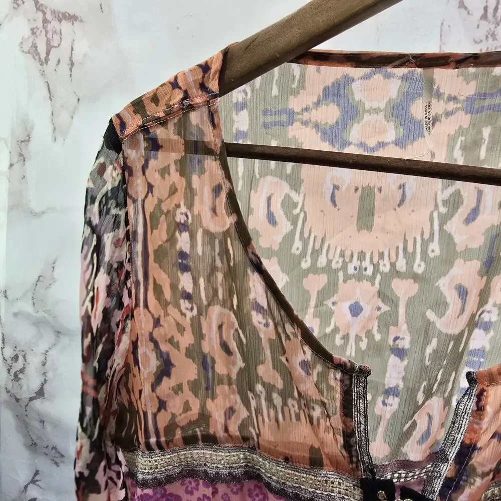 Free People Shirt Womens Large Pink Walk That Patchwork Wide Bell Blouse Crop